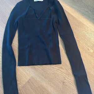 Zara Black Ribbed V-Neck Blouse